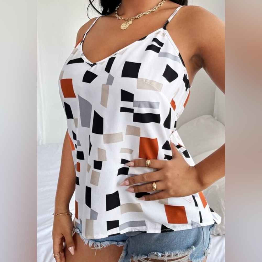 Cream, Black, Orange, Gray, and Beige Geometric Camisole Blouse | 1XL